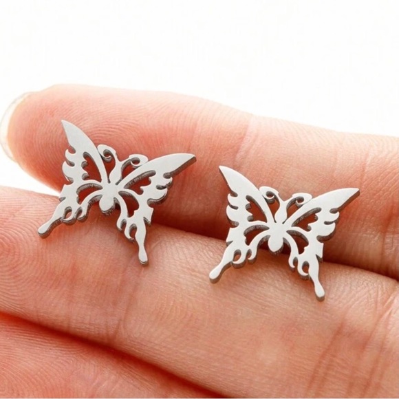 “Tribal Butterfly” Silver Stainless Steel Lasercut Cut-out Hollow Dainty Earring - Picture 5 of 6